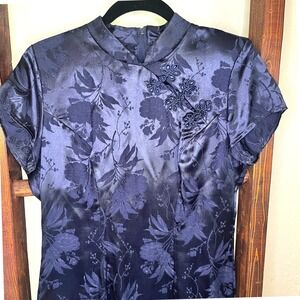 By Choice Vintage 90s Navy Blue Floral Jacquard Cheongsam Dress Y2K Size 7 Frog